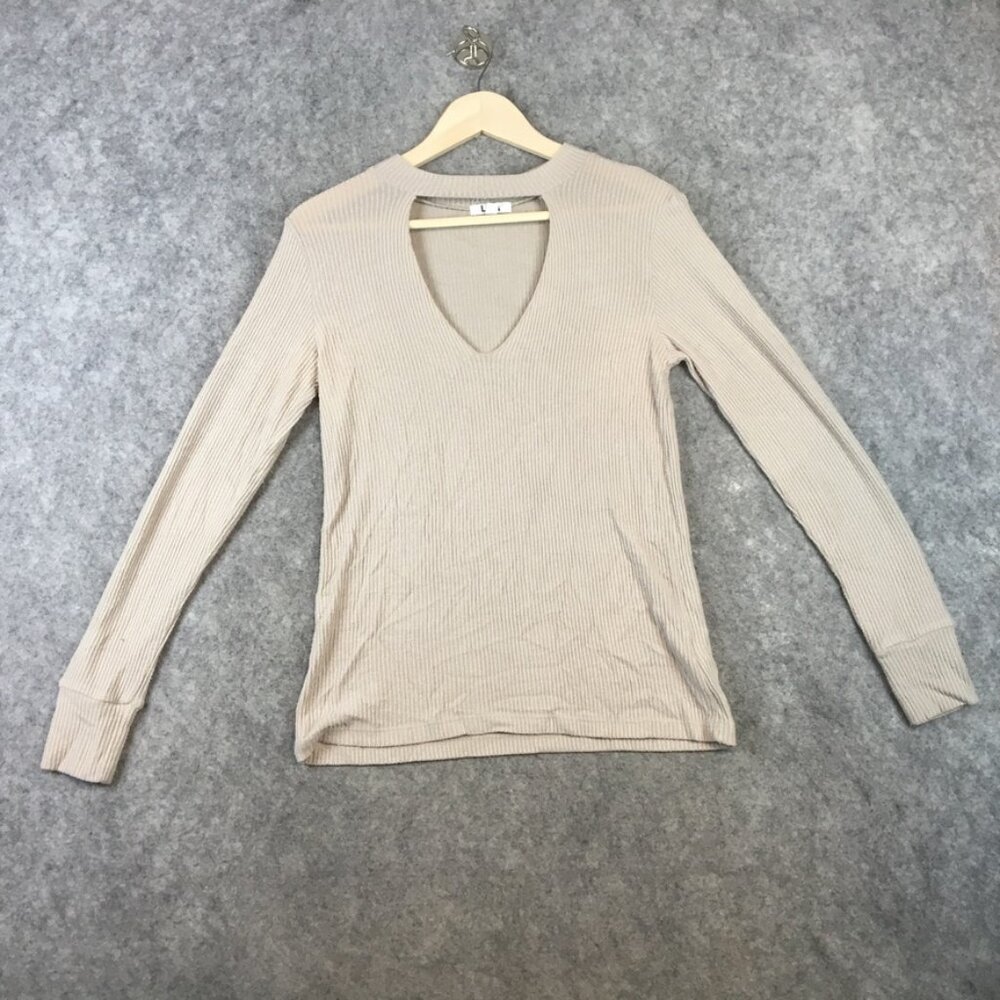 LNA Top S Cutout Ribbed Knit Slim Fit Long Sleeve Peek a Boo Keyhole Brown USA